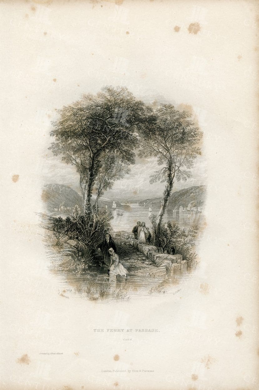 VINTAGE 1843 Irish Illustration - The Ferry at Passage, Cork, Ireland