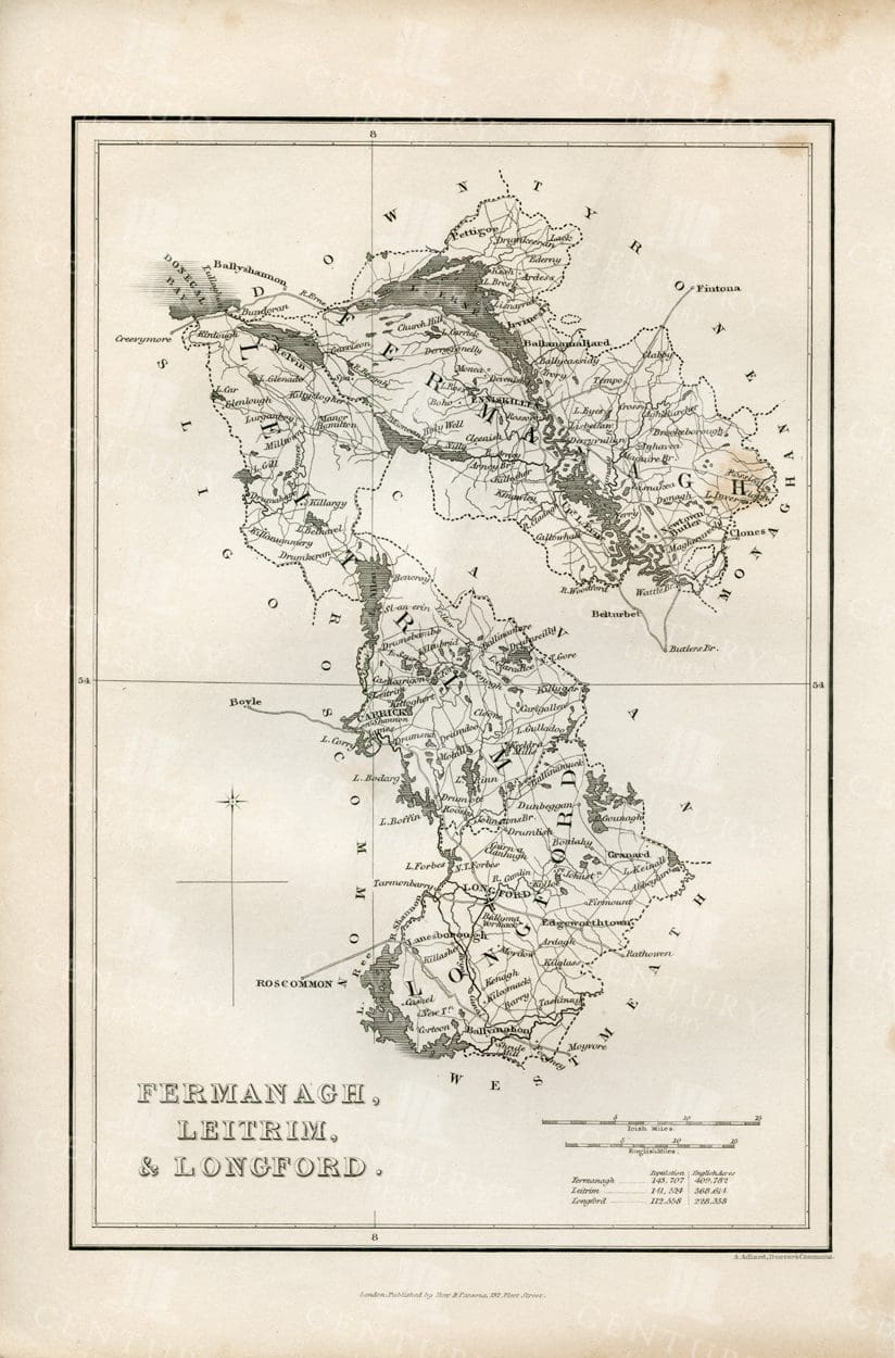 VINTAGE 1843 Map of Fermanagh, Leitrim and Longford