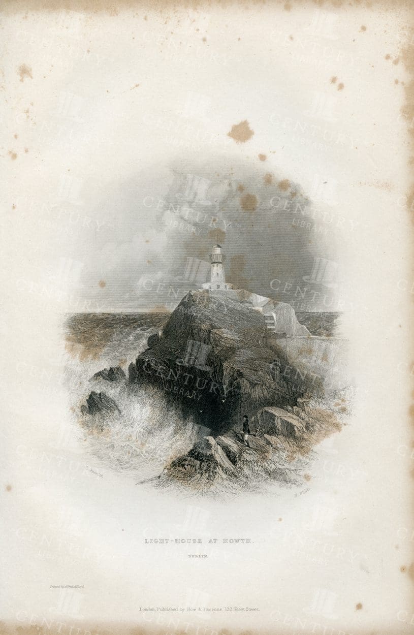 LIGHT-HOUSE at Howth in Dublin, Ireland - 1843 Vintage Illustration