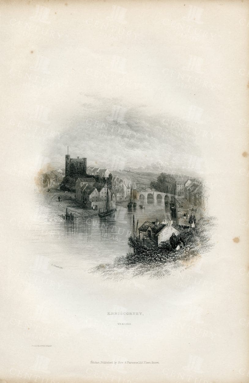 LOVELY 1843 Vintage Irish Landscape Illustration - Enniscorthy in Wexford