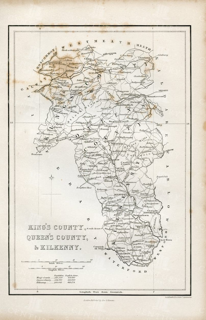 VINTAGE 1843 Map - King's County, Queen's County and Kilkenny