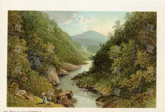VINTAGE 1895 Chromo Scottish Illustration - The Pass of Killiecrankie