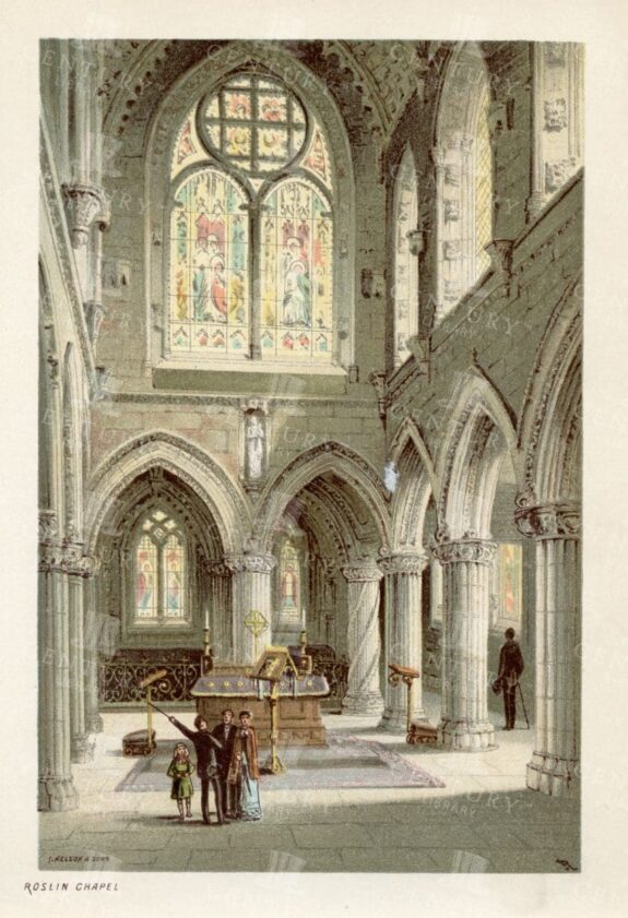VINTAGE Scottish Chromolithograph Illustration - Roslin Chapel - 1895