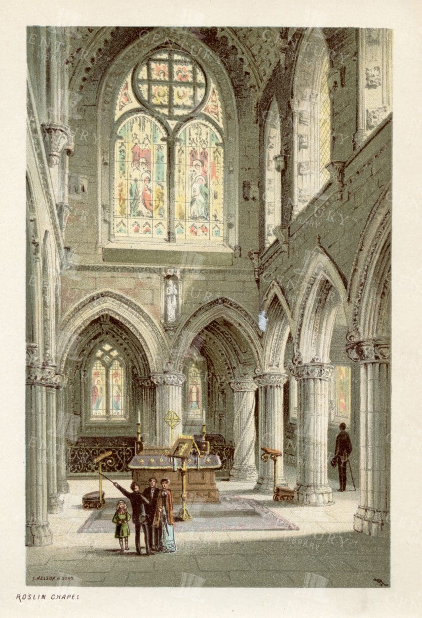 VINTAGE Scottish Chromolithograph Illustration - Roslin Chapel - 1895