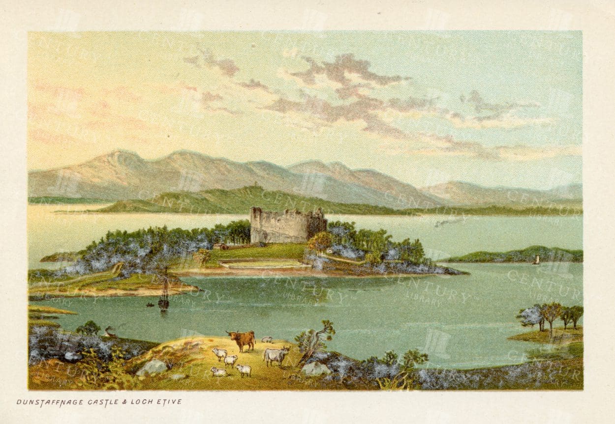 VINTAGE  Landscape Illustration of Dunstaffnage Castle and Loch Etive