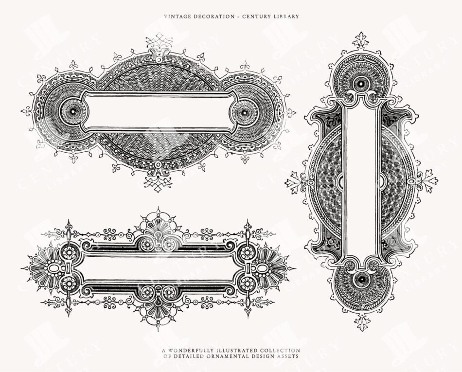 Ornamental Cartouche Frames With Guilloche Medallions And Scrollwork Borders - Three Black-and-white Blank Labels