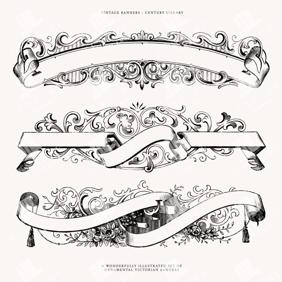 Ornate Ribbon Banners With Scrollwork And Floral Motifs - Three Horizontal Victorian Frames In Black Linework