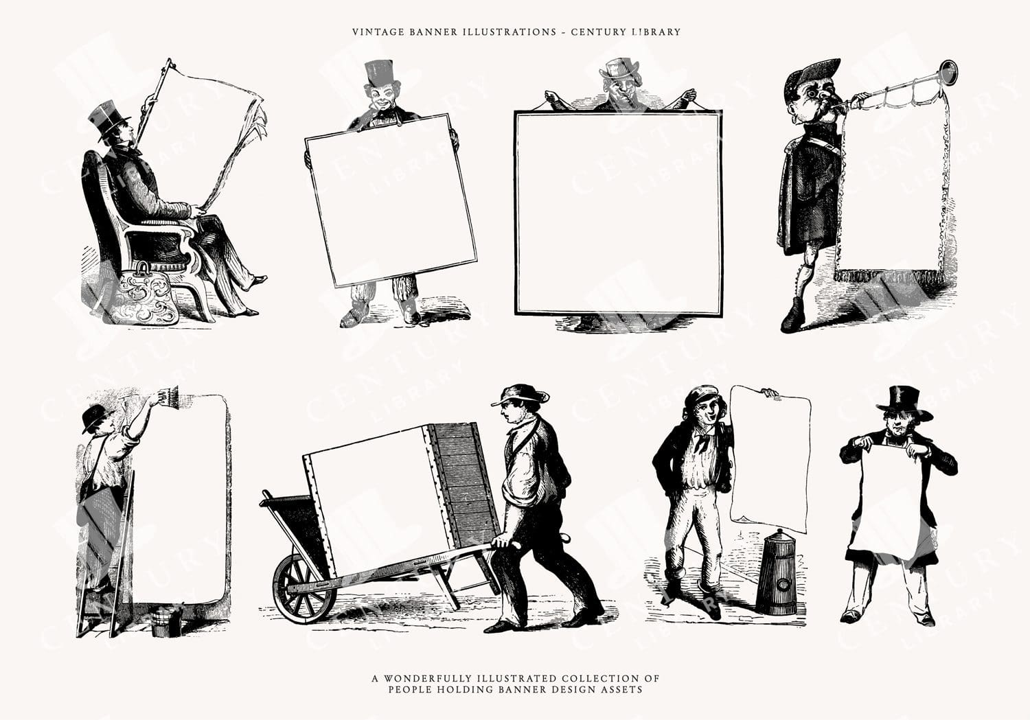 Clipart Of People Holding Signs For Marketing And Advertising Design Projects - Decorative Vintage Line Art Illustrations