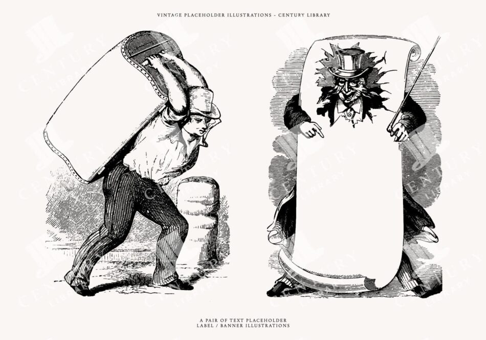 Two Black-and-white Linework Panels With Blank Banners - Worker Hauling A Placard And Top-hatted Figure With Cane