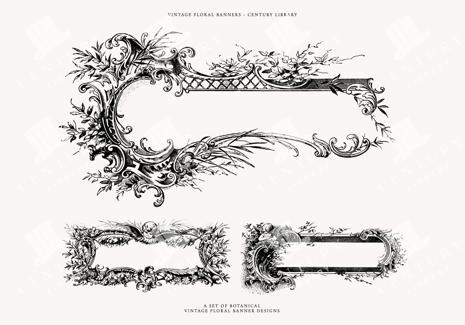 Decorative Botanical Inspired Victorian Banner Illustrations