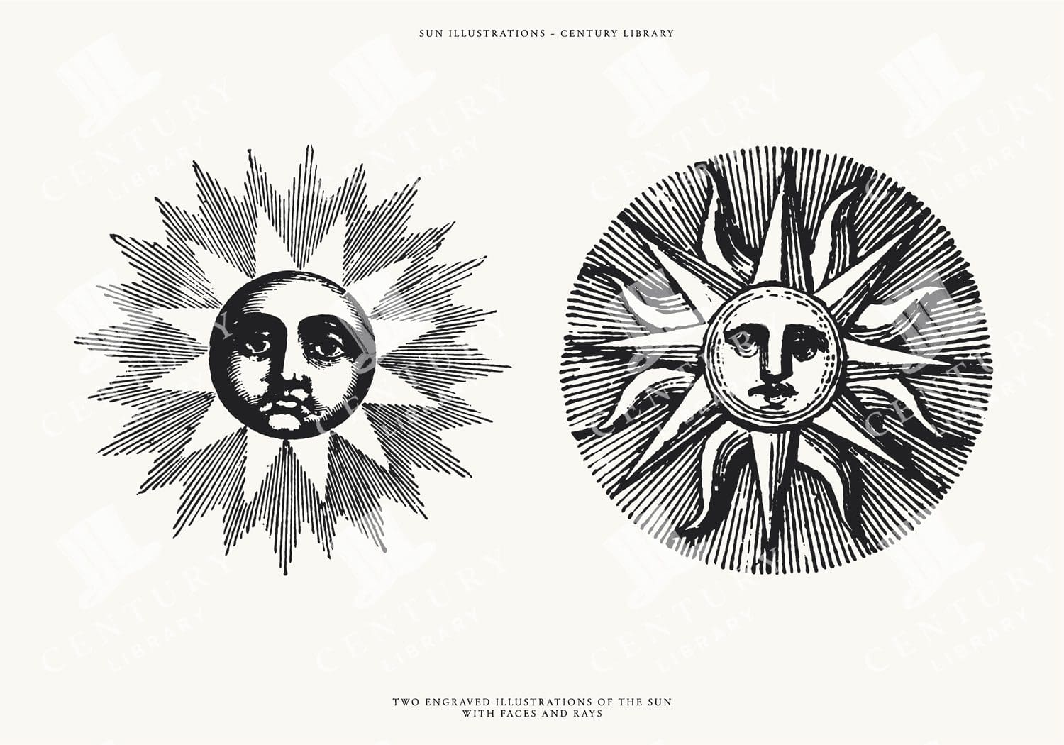 Retro Tattoo Styled Sun with Rays and Face SVG Line Art Illustrations - Set of 2