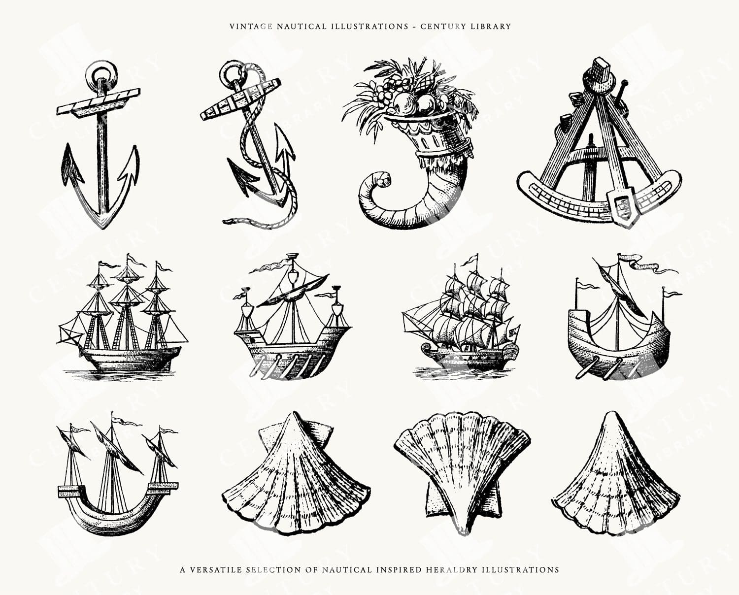 Heraldic Nautical Icon Illustrations - Downloadable Anchor, Ship, And Shell Vintage Line Art In Png, Svg, And Eps Formats