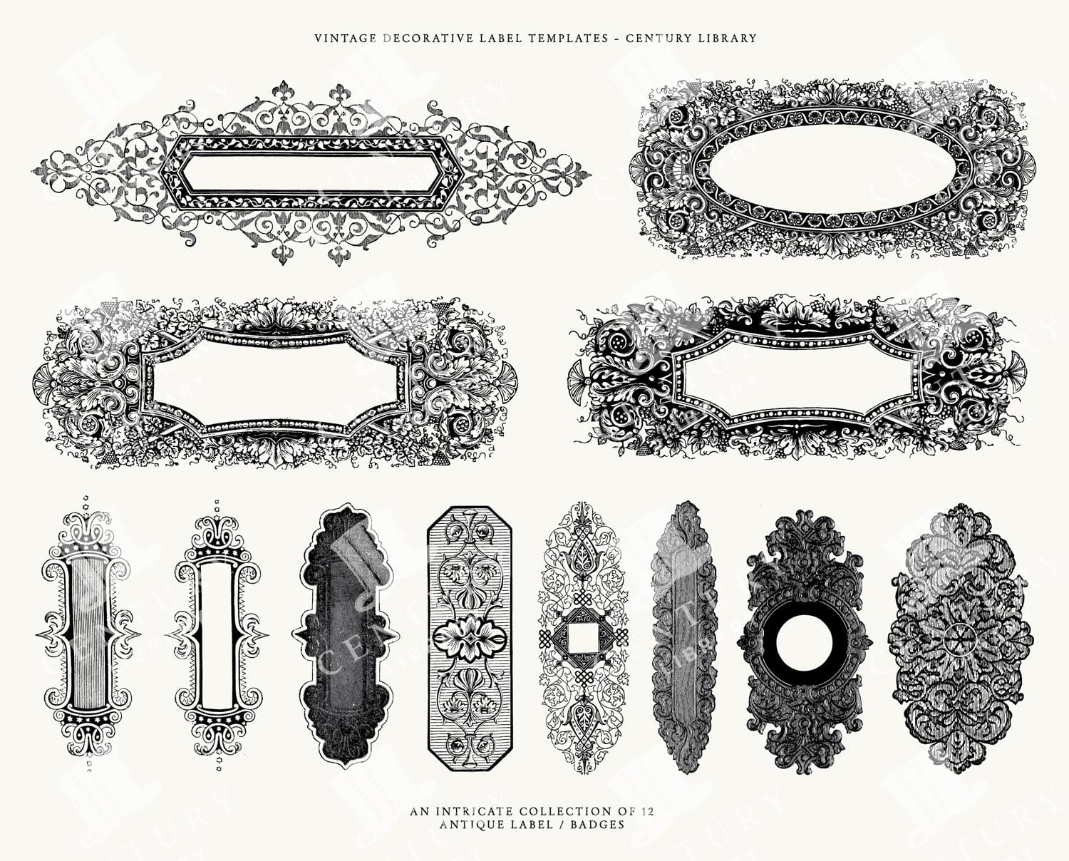 Downloadable Label SVG Images, Vintage Decorative Labels Line Art from the mid-1800s (PNG and EPS formats also included!)