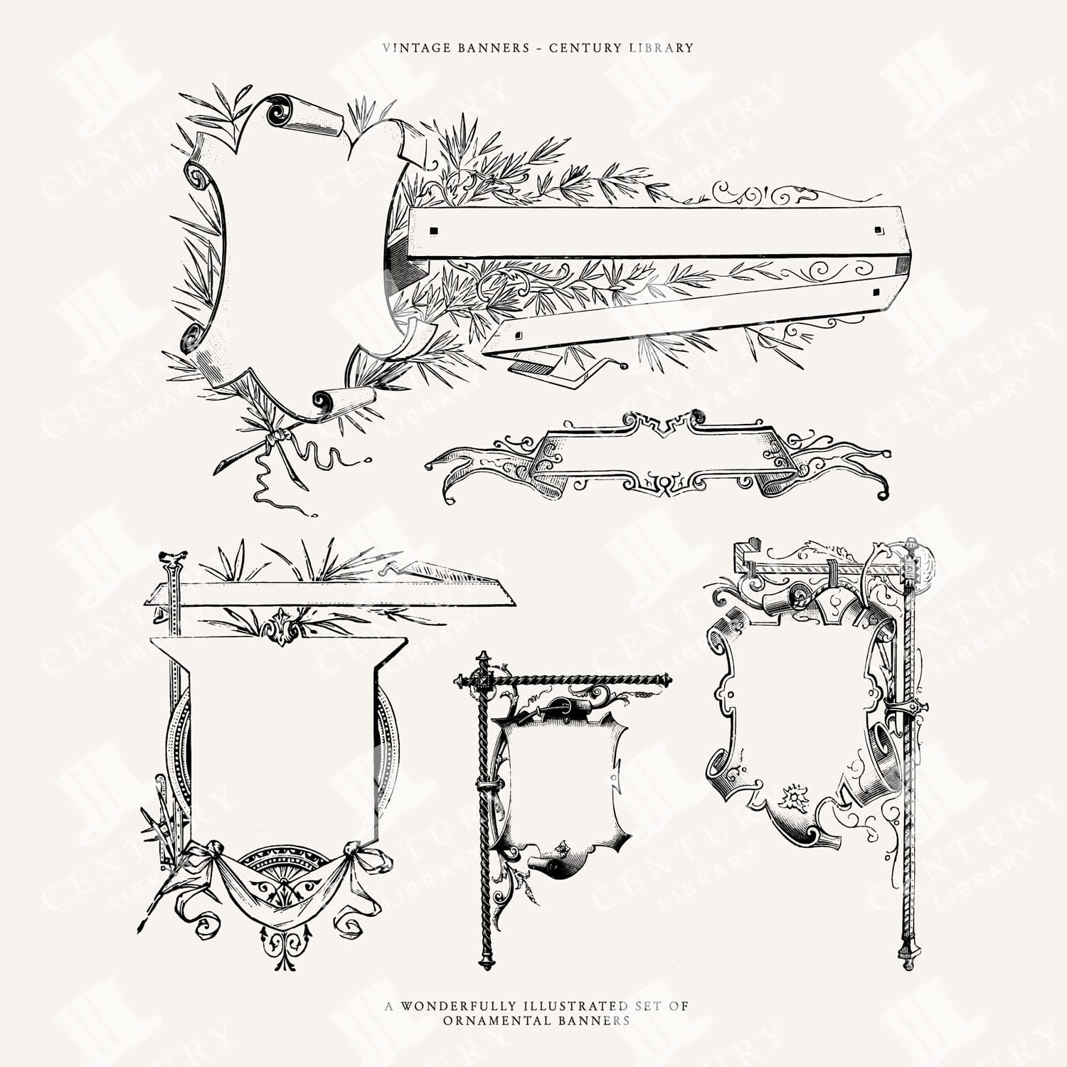 Vintage Borders and Banners Line Art Illustrations - Vector Clip Art for Invitations and Design