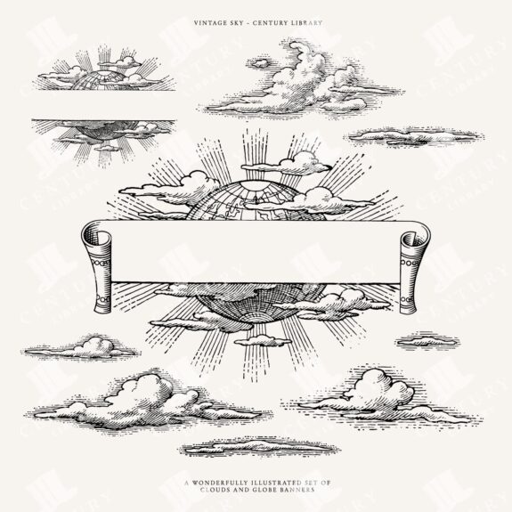 Globe and Clouds Vector Lineart Illustrations - Vintage World and Cloud Clip Art - PNG, SVG, and EPS Vector Formats Included!