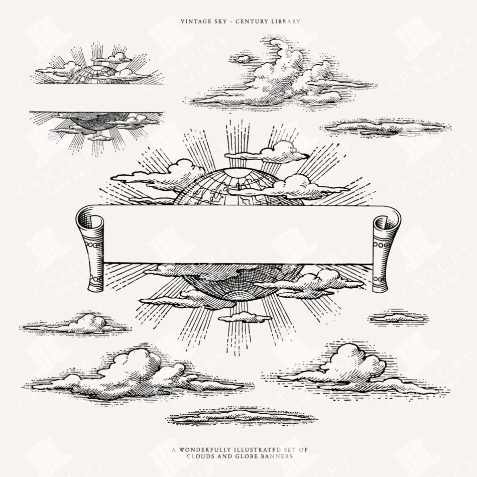Globe And Clouds Vector Lineart Illustrations - Vintage World And Cloud Clip Art - Png, Svg, And Eps Vector Formats Included!