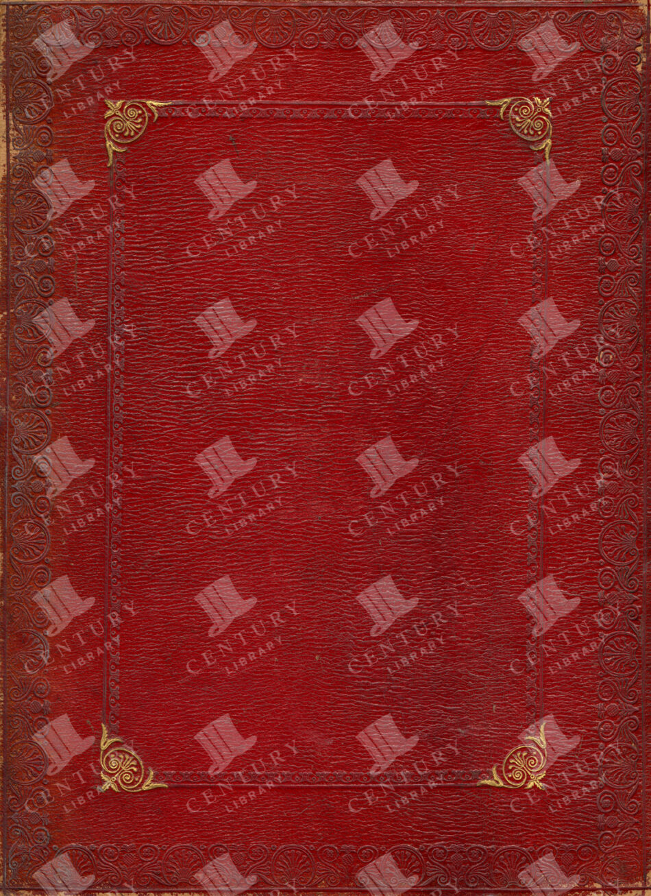 Red Leather Book Cover - Embossed Inner Panel With Gilt Spiral Corner Ornaments - Scalloped Rosette Border Along Edges
