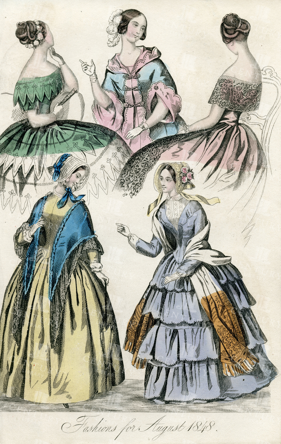 Fashions For August 1848 - Vintage Coloured Fashion Print