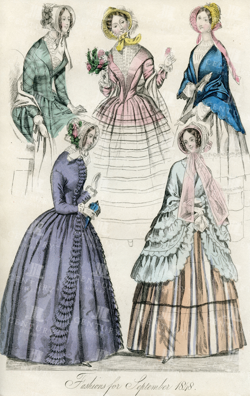 Antique Coloured Print - Fashions For September 1848