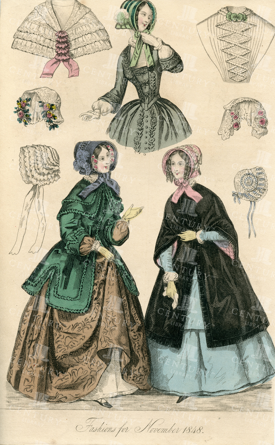 Fashions For November 1848 - Vintage Coloured Fashion Print