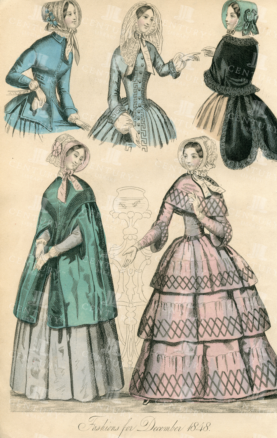 Antique Coloured Print - Fashions For December 1848