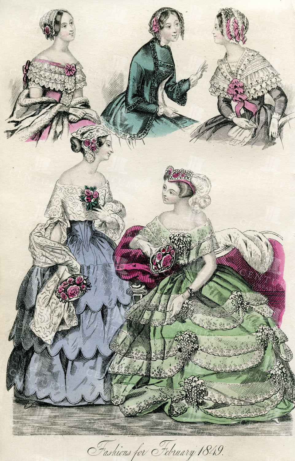 Fashions For February 1849 - Colour Vintage Fashion Print