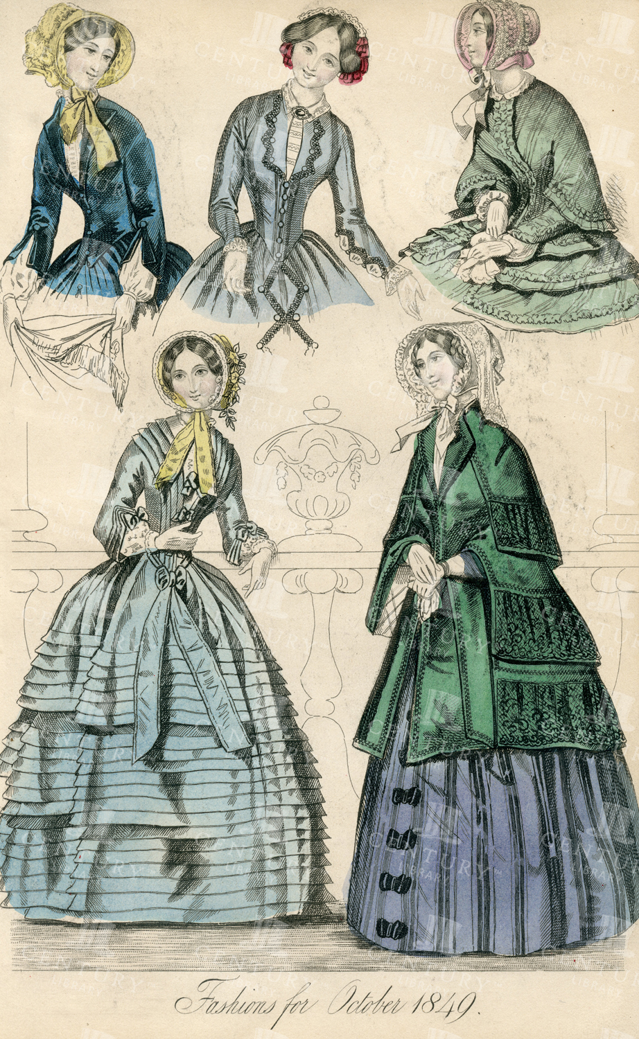 Vintage Costume Print Of Fashions For October 1849