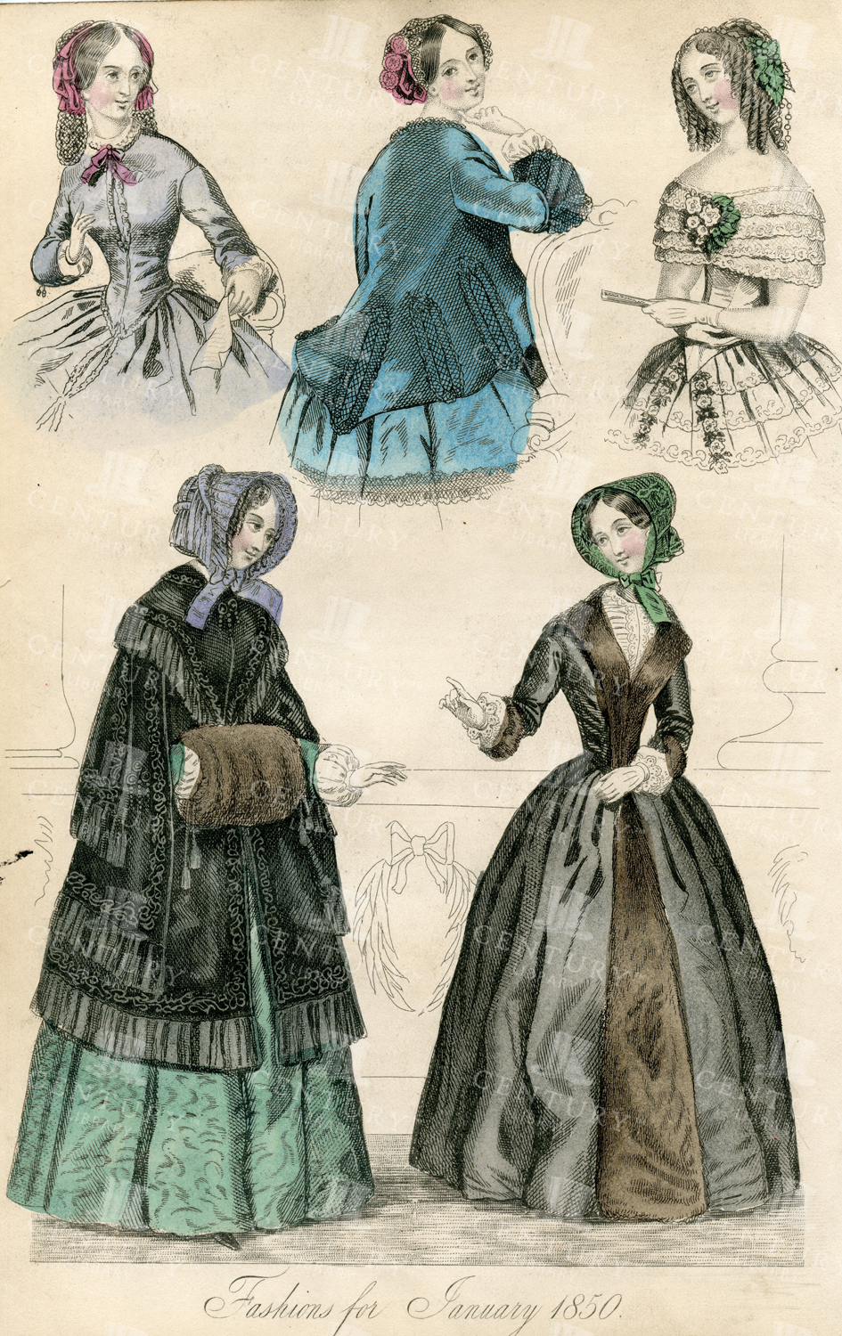 Fashions For January 1850 - Vintage Costume Print