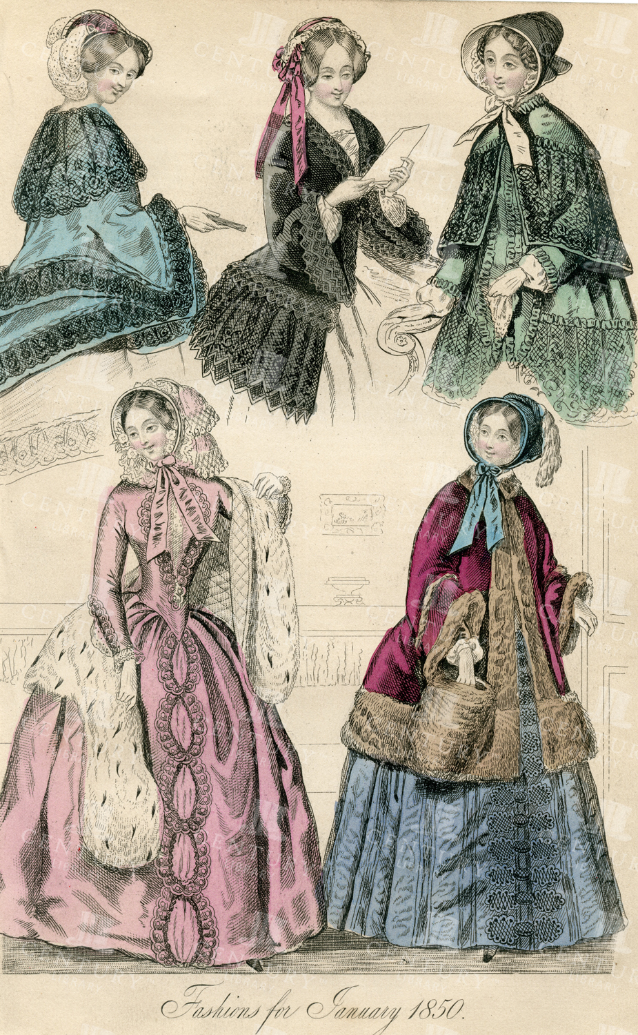 Fashions For January 1850 - Vintage Costume Print