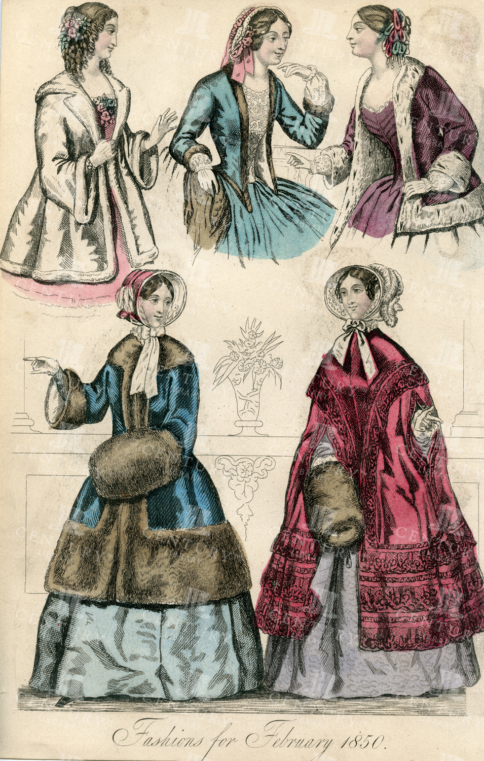 Vintage Costume Print Showing Fashions For February 1850