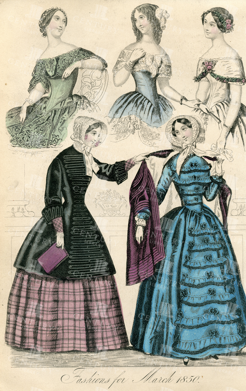 Fashions For March 1850 - Vintage Costume Print