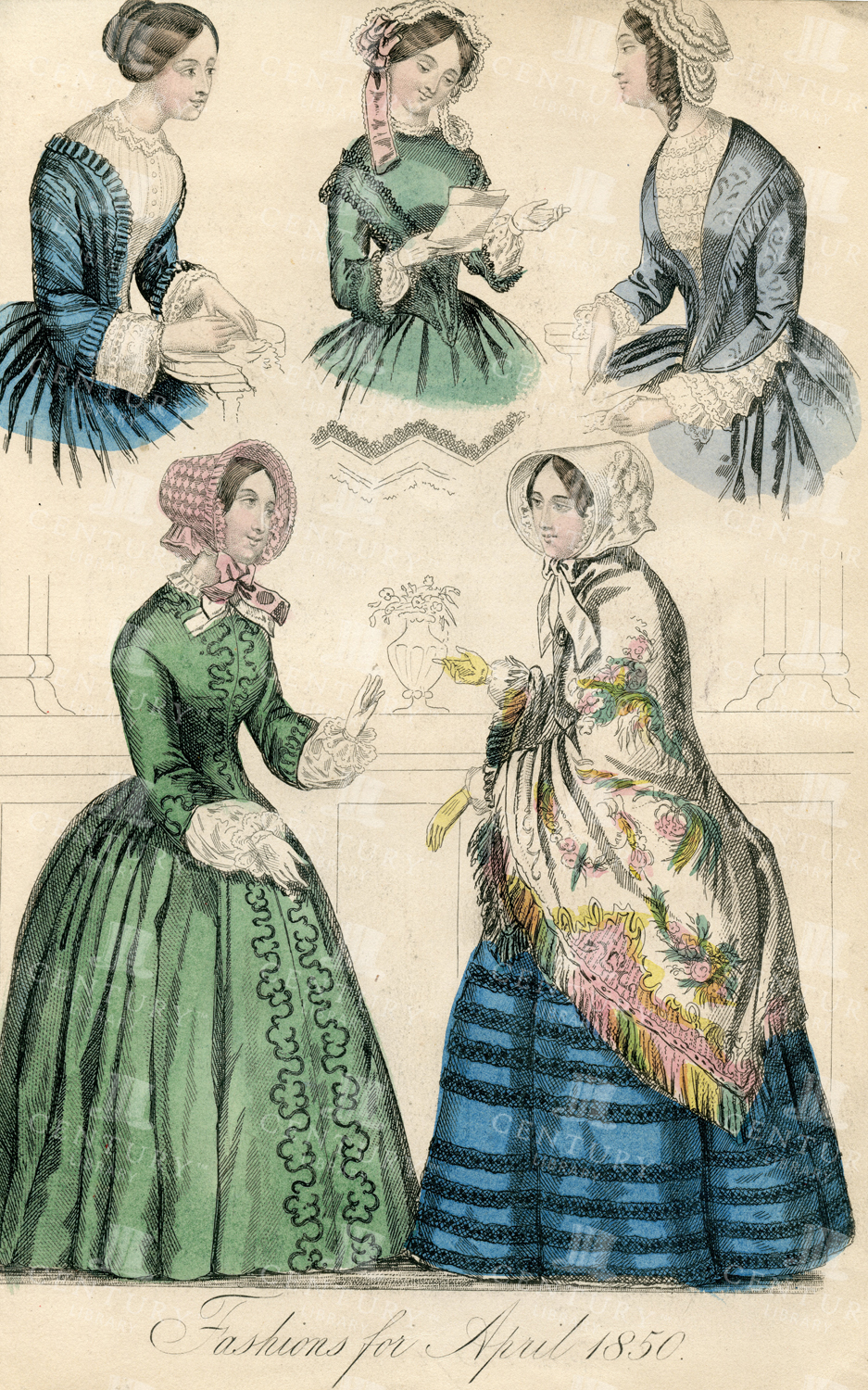 Fashions For April 1850 - Vintage Costume Print