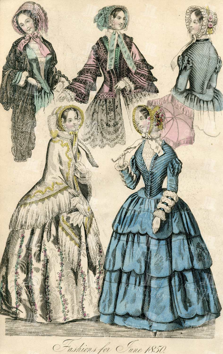 Fashions For June 1850 - Vintage Belle Assemblee Costume Print