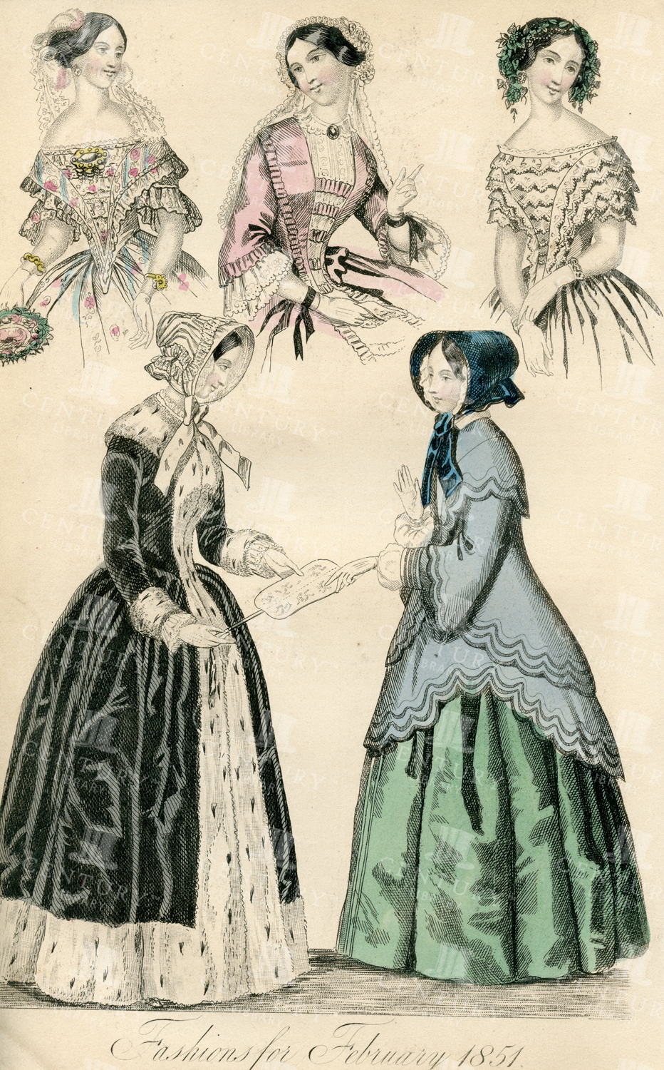 Antique Costume Print - Fashions For February 1851