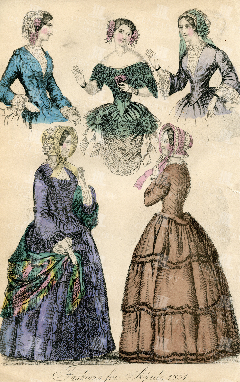 Vintage Costume Print Showing Fashions For April 1851