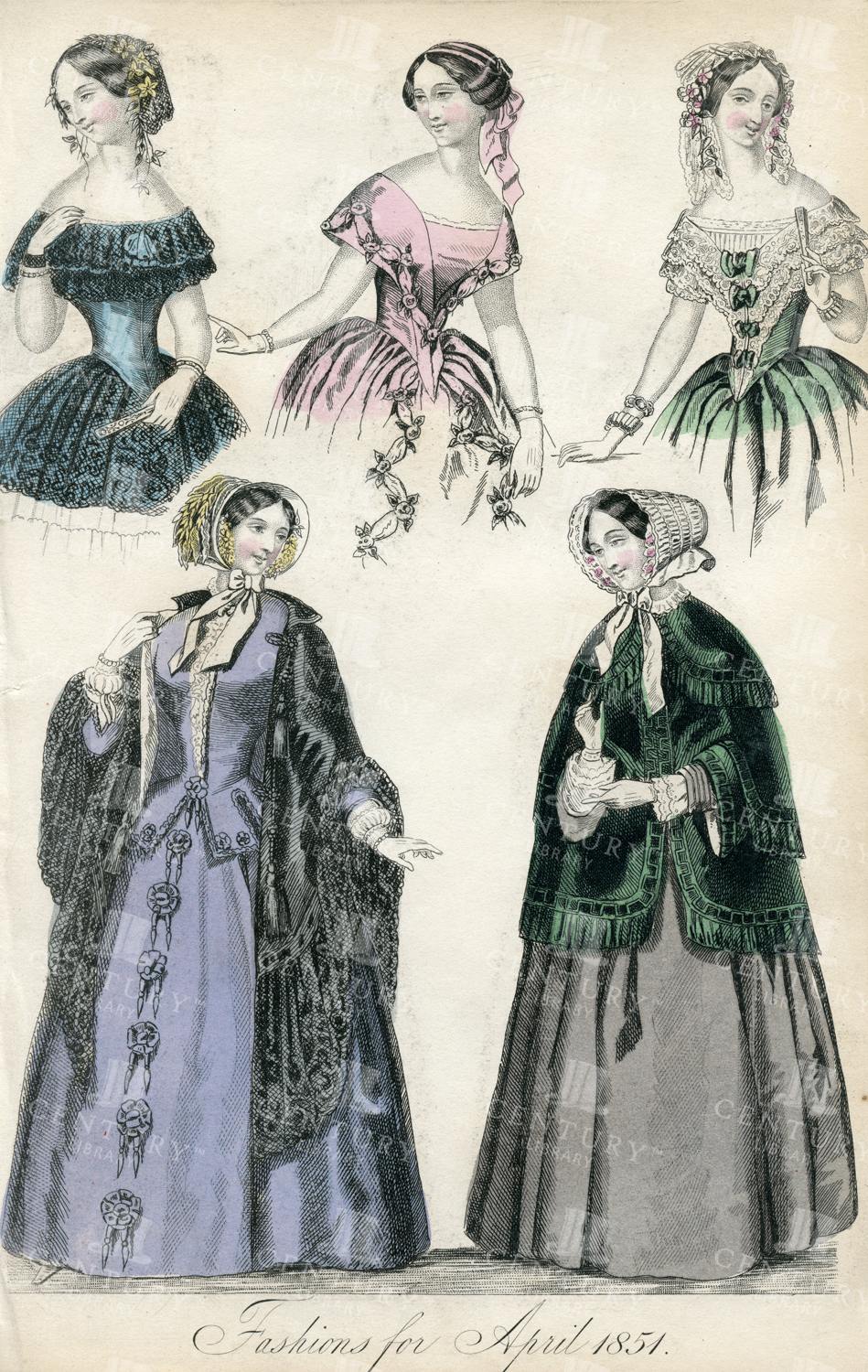 Fashions For April 1851 - Vintage Costume Print