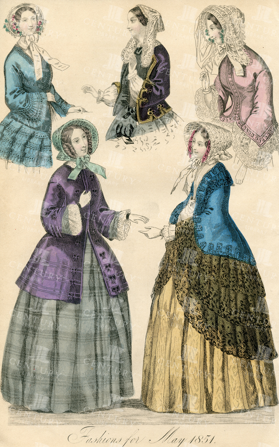 Fashions For May 1851 - Vintage Belle Assemblee Print