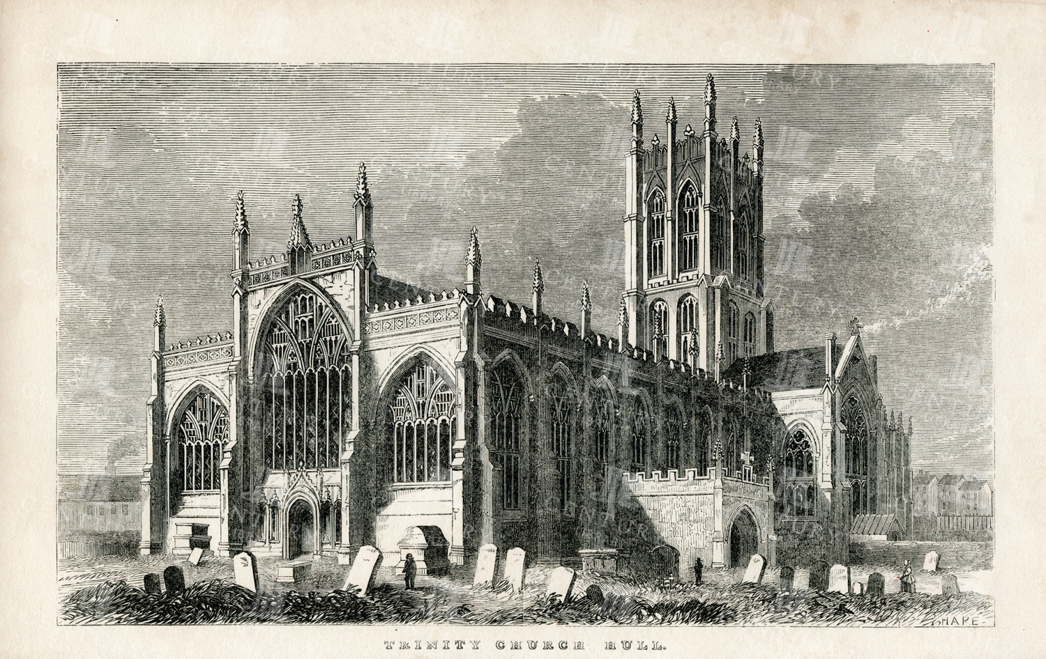 Antique Architecture Print - Trinity Church Hull - 1851
