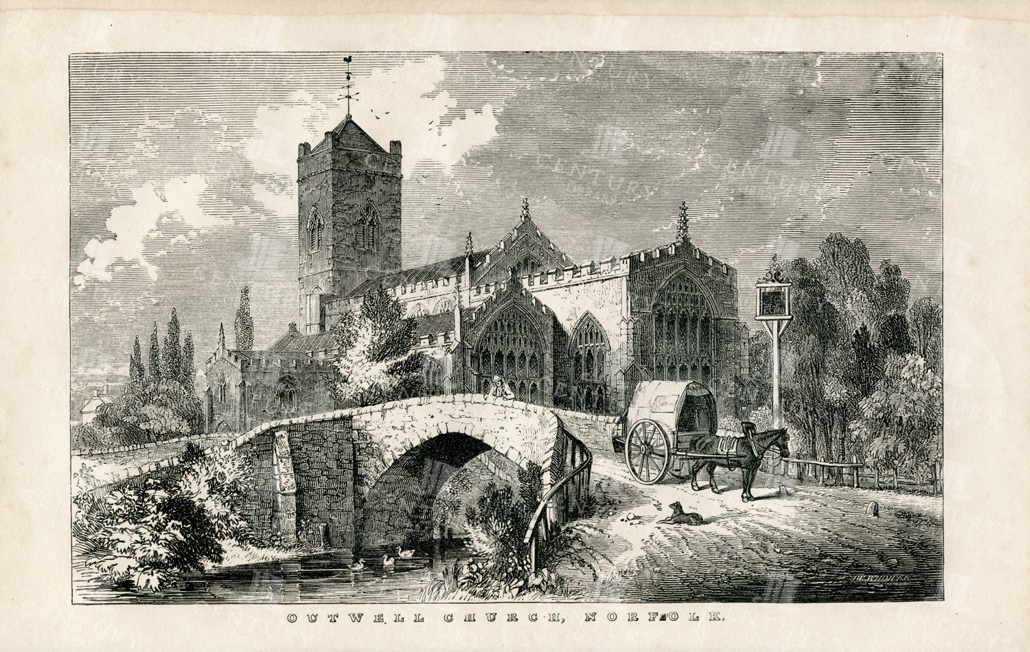 Stunning 1851 Vintage Print Of Outwell Church, Norfolk
