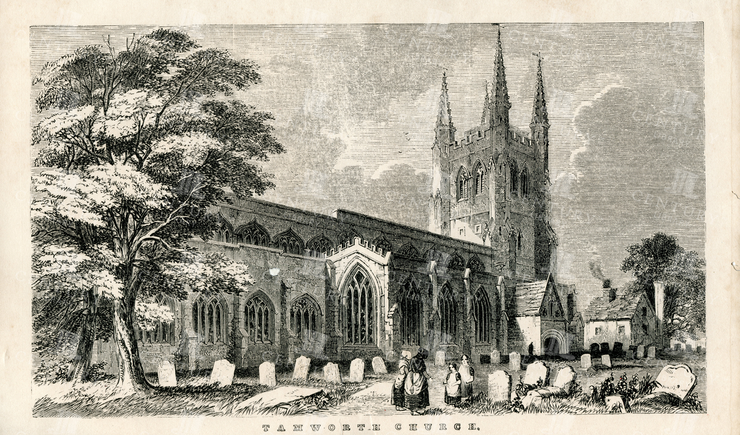 Vintage 1851 Print Of Tamworth Church - Staffordshire