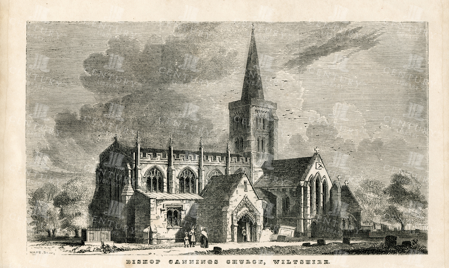 Bishop Cannings Church, Wiltshire - 1851 Antique Print