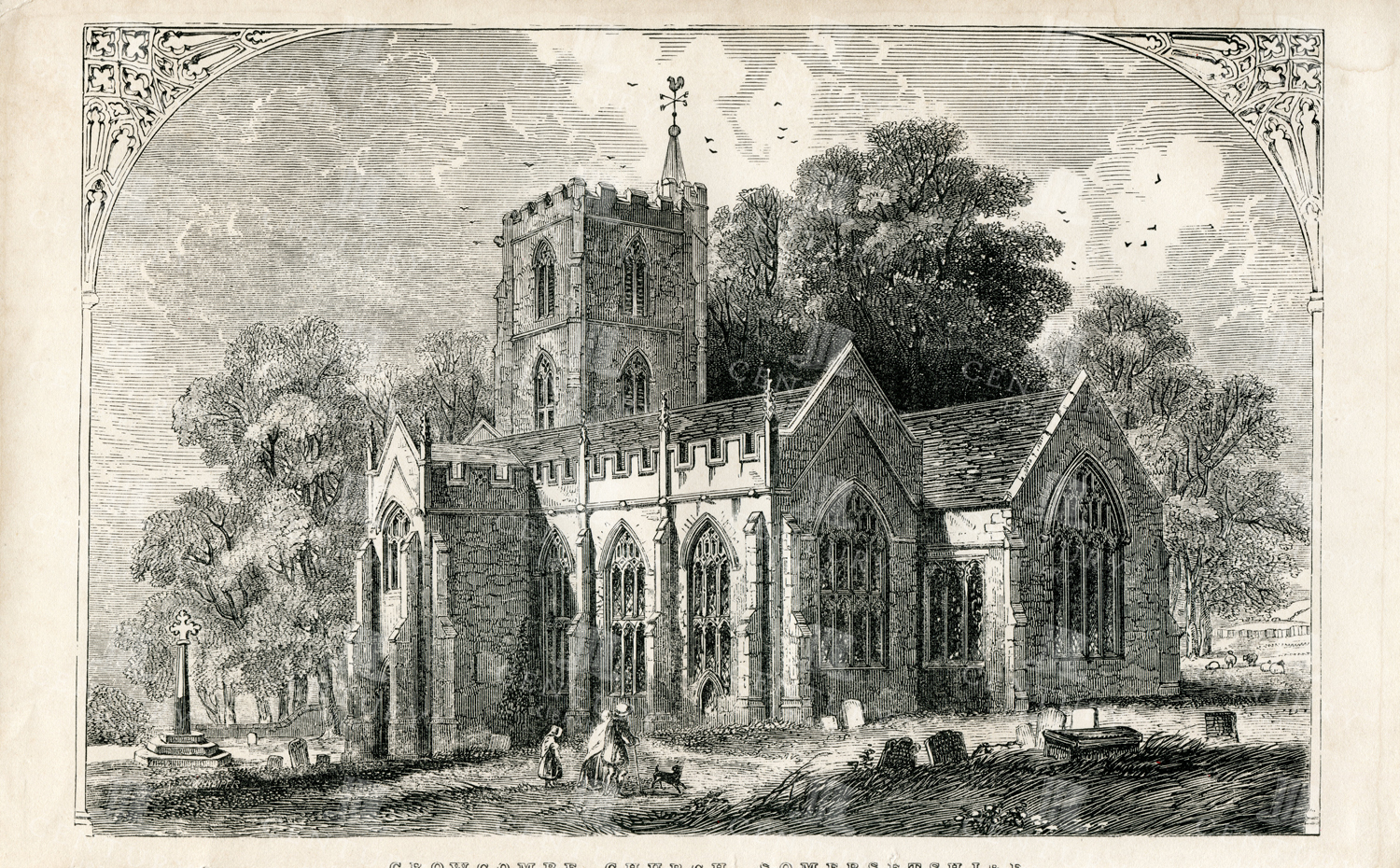 Crowcombe Church, Somersetshire - Vintage 1851 Print