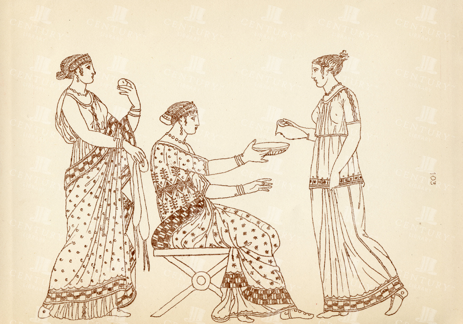Greek Lady And Attendants - 1883 Vintage Greek Costume Print