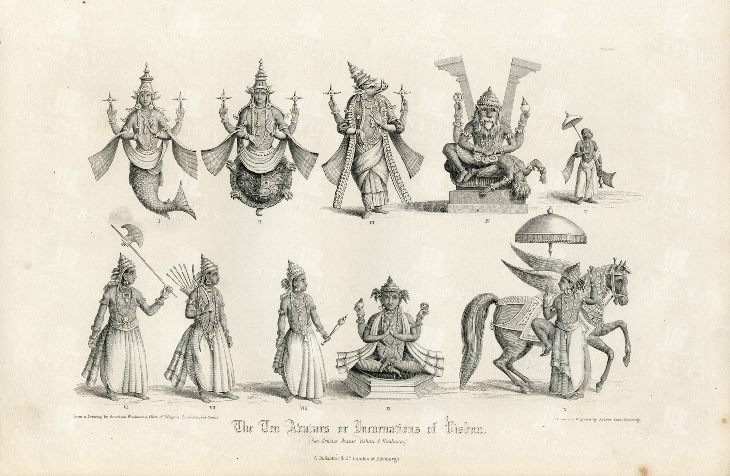 Vintage Engraving Of The Ten Avatars Or Incarnations Of Vishnu