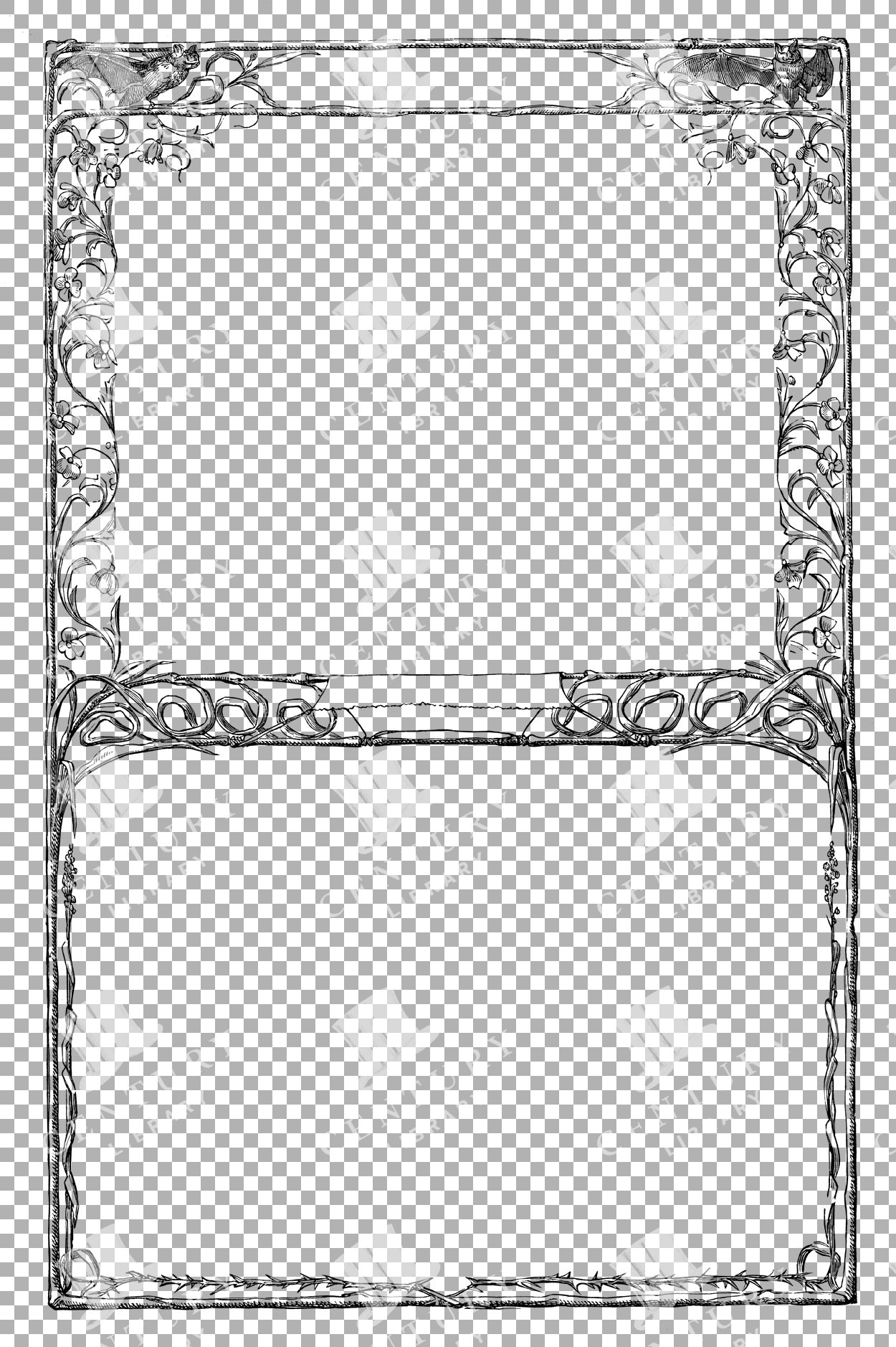 Vintage Ornate Floral Border Line Art With Bats In The Corners