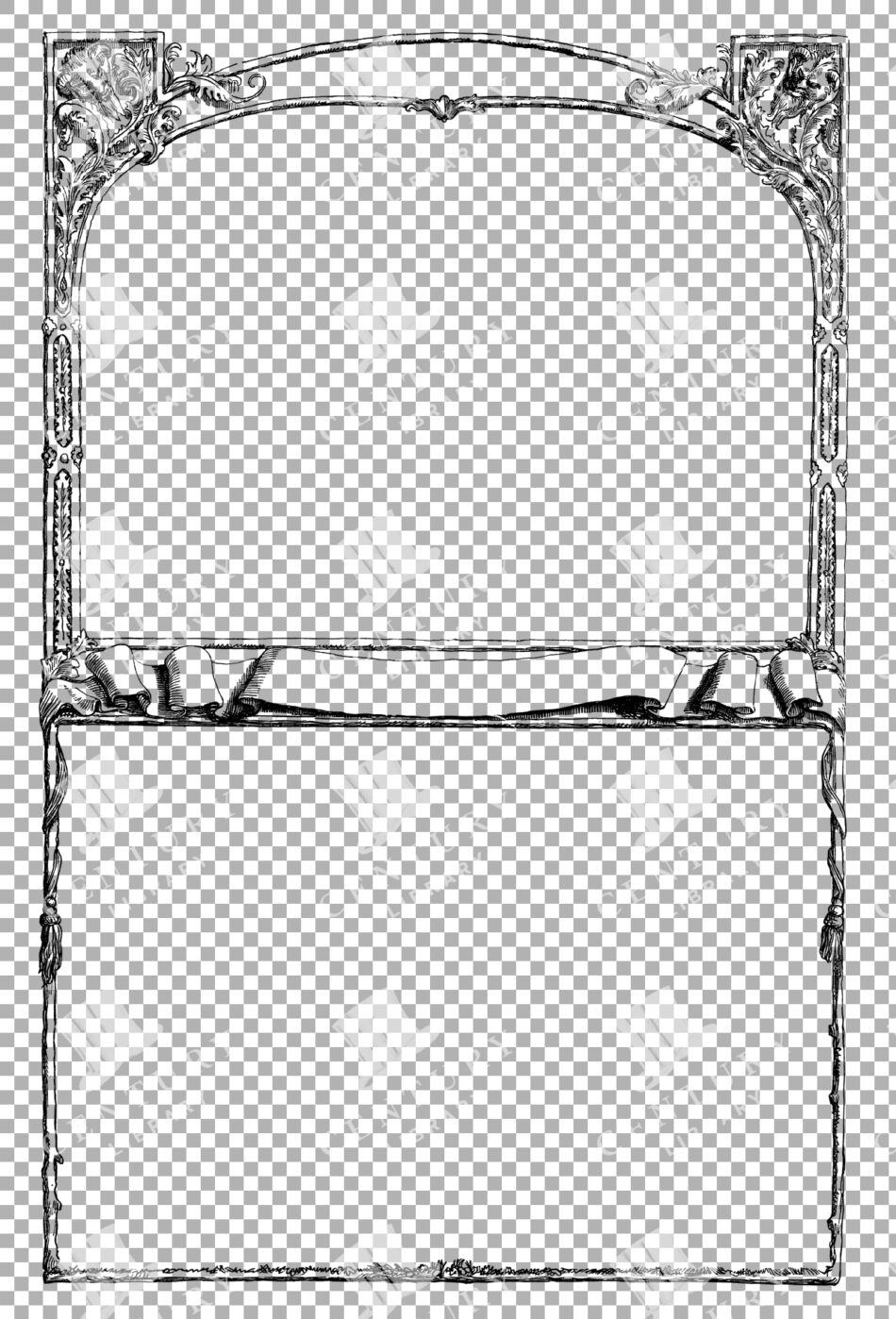 Ornate Rectangular Page Border With Arched Top - Acanthus Scroll Corners, Midline Ribbon Cartouche, Tasselled Cords
