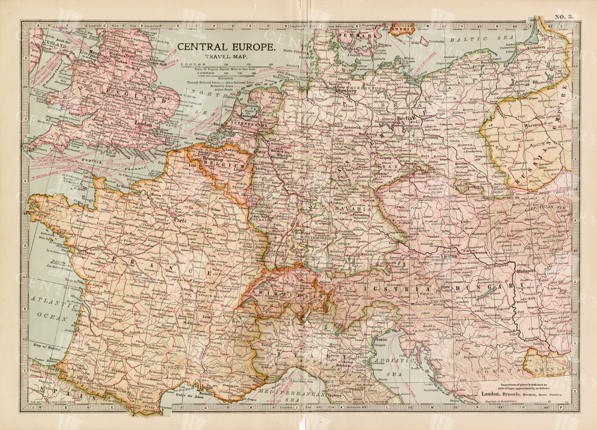 Central Europe Travel Map Featuring Major Cities Like Paris, Berlin, And Vienna
