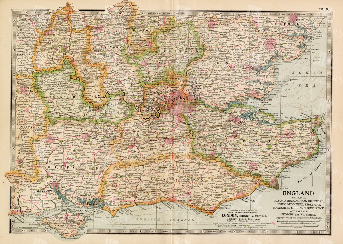 Vintage Map Of Southern England Including London, Brighton, And Major Coastal Cities