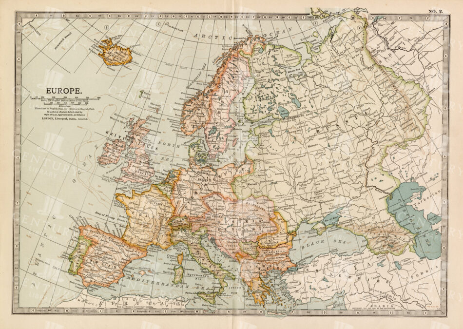 Vintage Map Of Europe Showing Key Regions And Countries