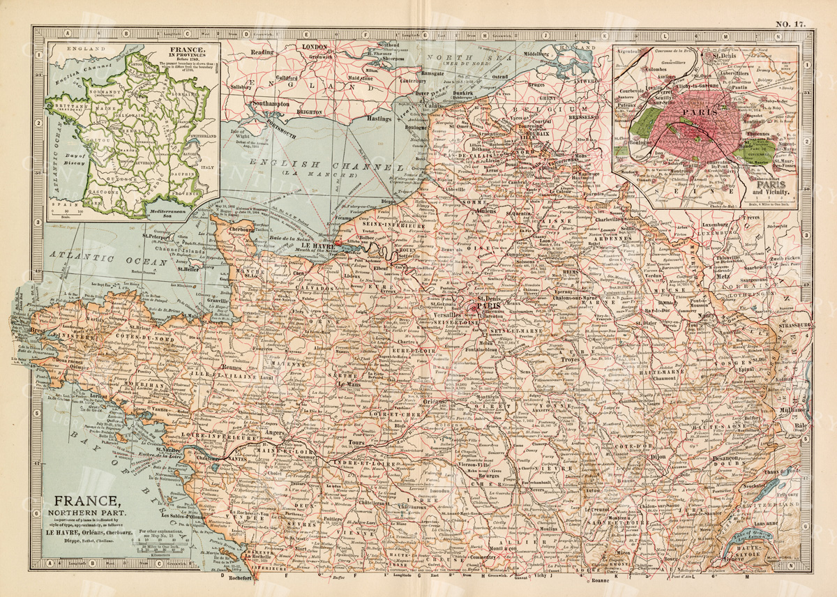 Antique Map Of Northern France Including The English Channel And Paris